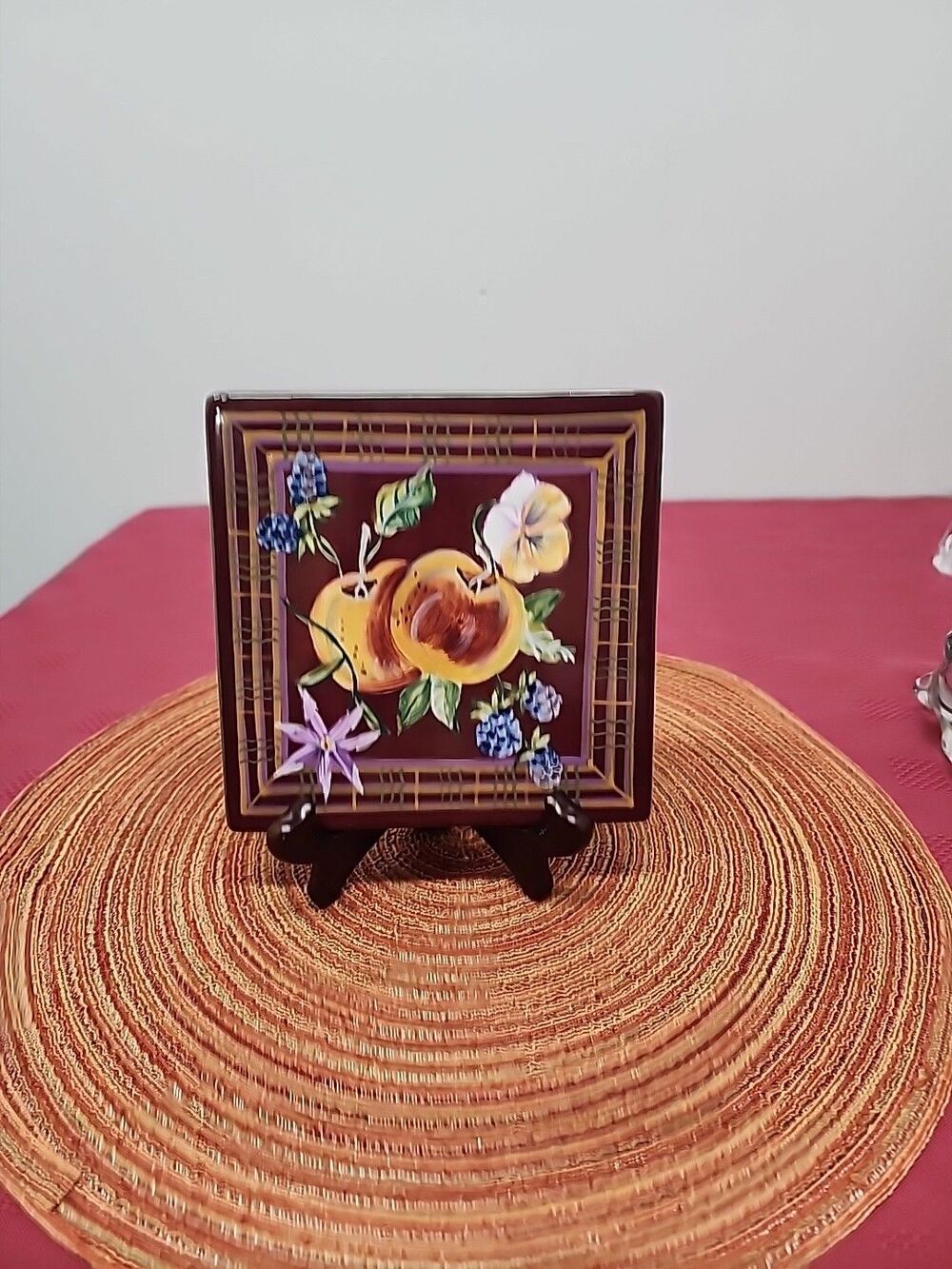 Vintage Capriware Ceramic Floral/Fruit Handpainted Trivet 6"